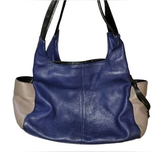 Perlina New York Soft Leather Hobo Bag Blue and Gray Colorblock